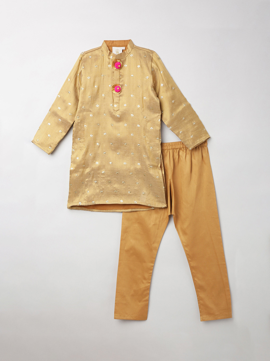 

BYB PREMIUM Boys Gold-Toned Embroidered Sequinned Chanderi Silk Kurta with Pyjamas