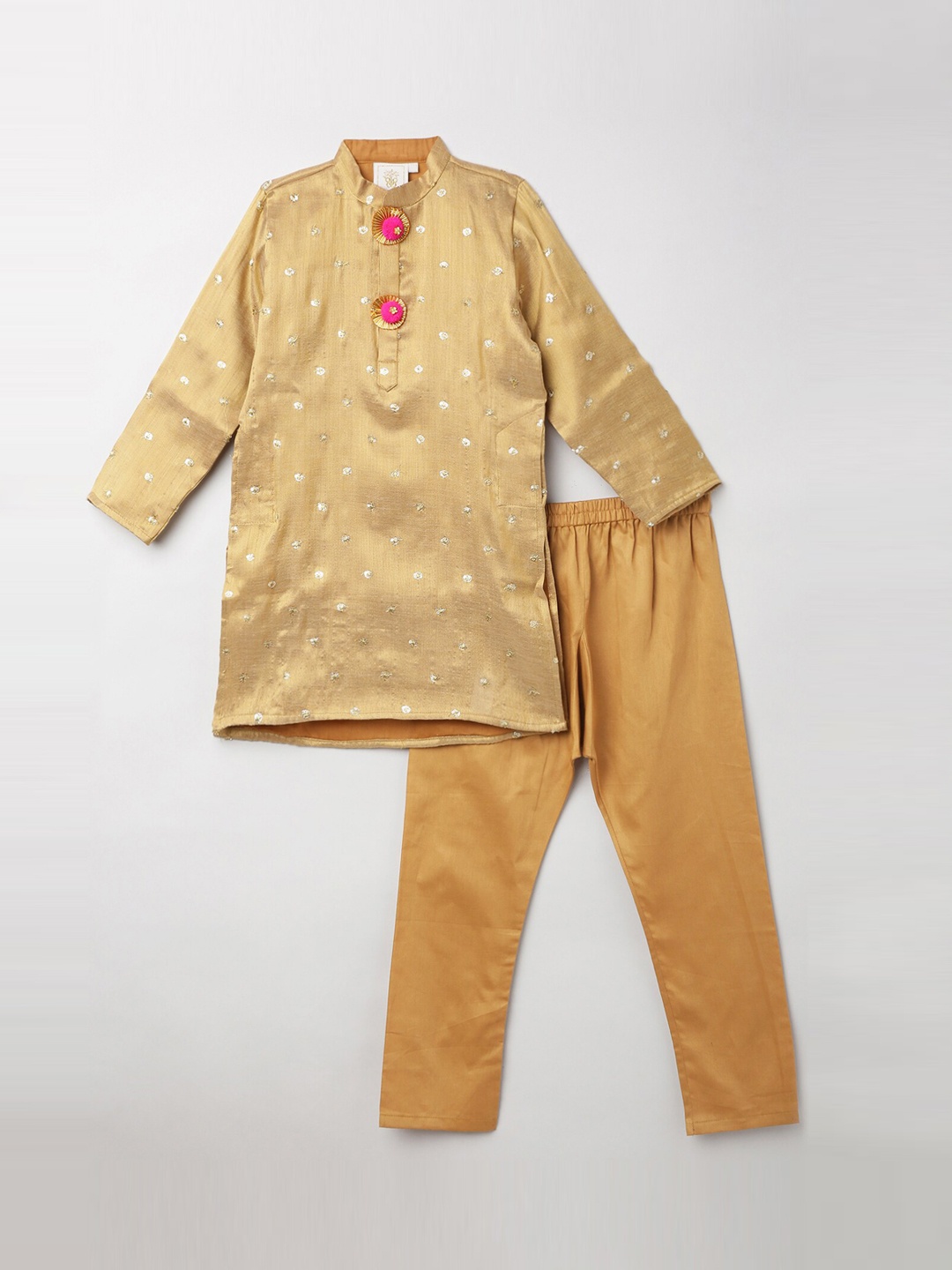 

BYB PREMIUM Boys Gold-Toned Embroidered Sequinned Chanderi Silk Kurta with Pyjamas