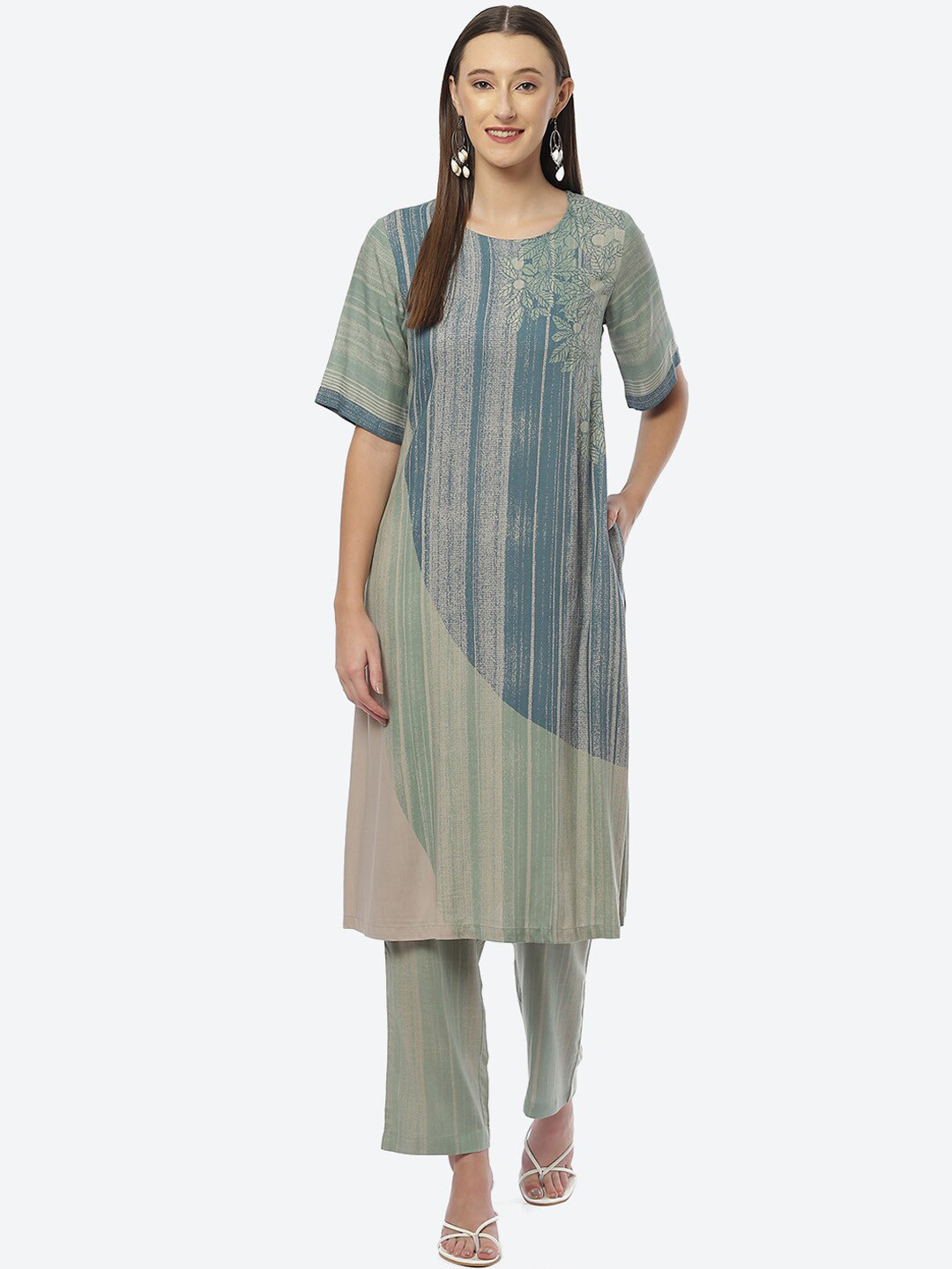 

Biba Women Blue & Green Striped Kurta with Trousers