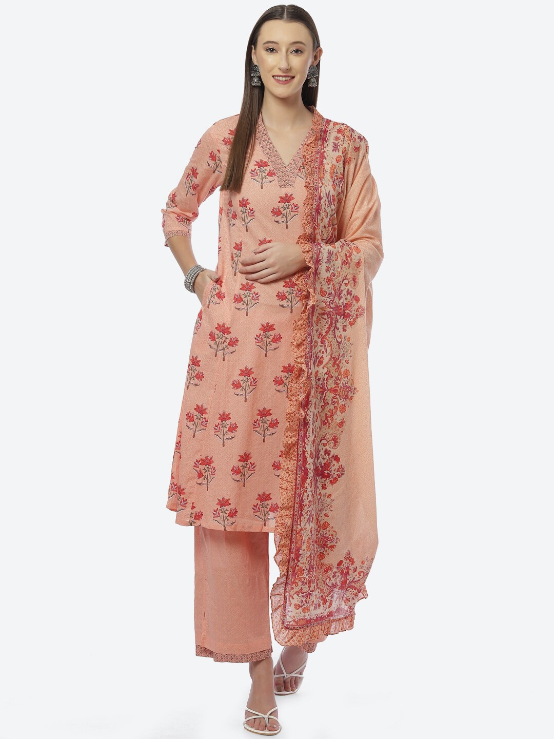 

Biba Women Peach-Coloured Floral Printed Kurta with Palazzos & Dupatta