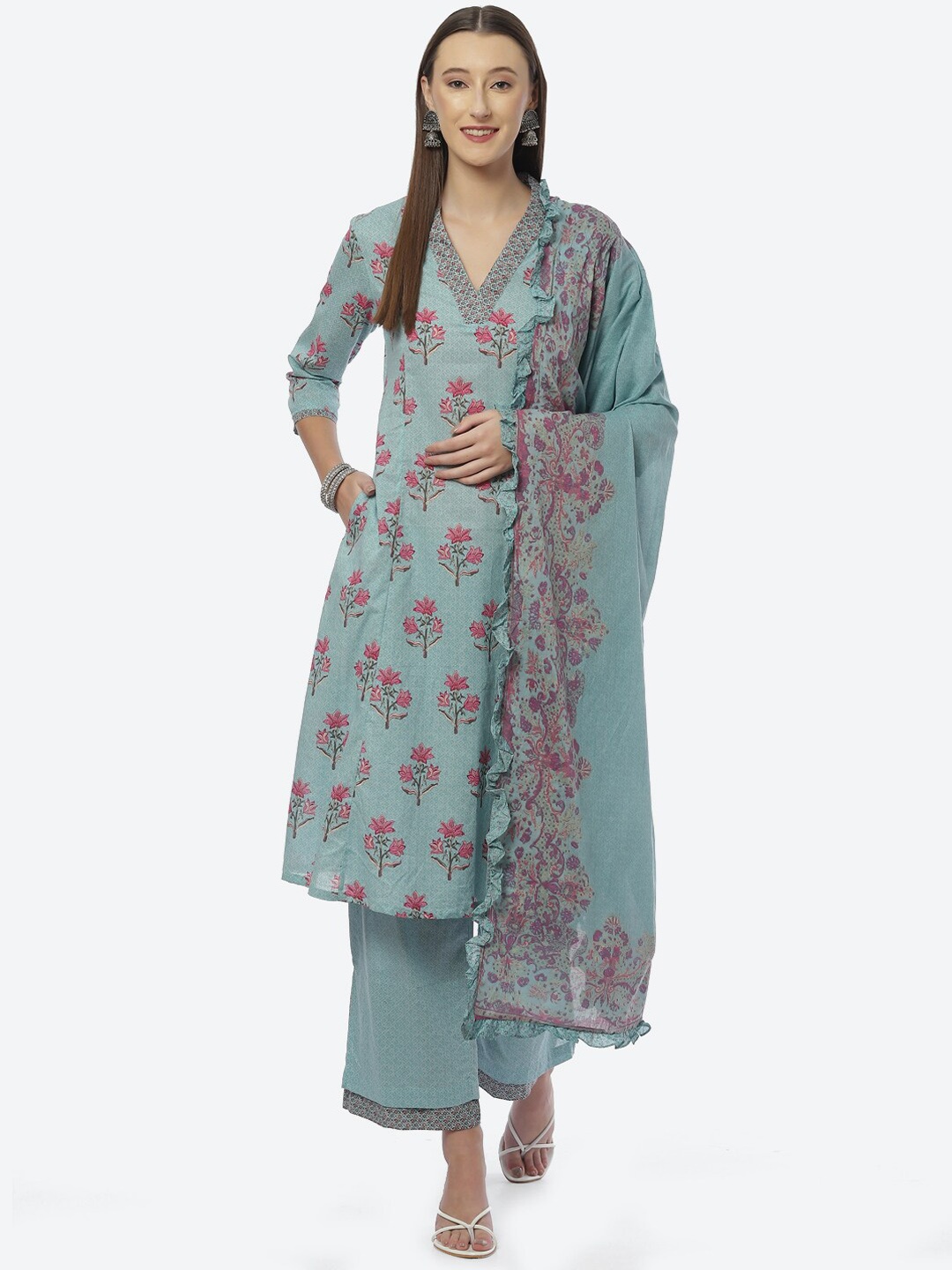 

Biba Women Turquoise Blue Floral Printed Kurta with Palazzos & Dupatta