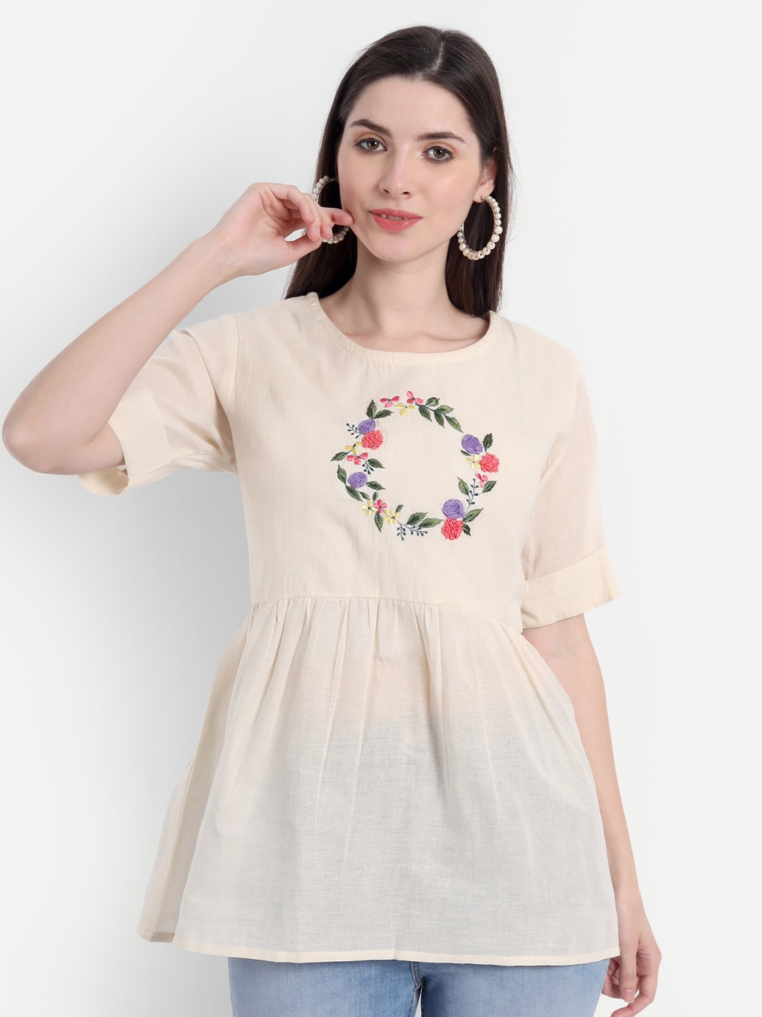 

Gopalvilla Beige & Pink Embroidered Cotton Tunic