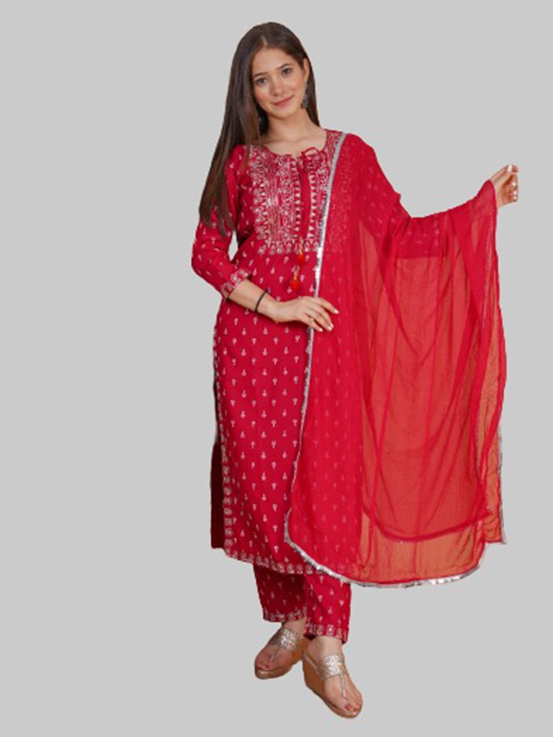 

misbis Women Maroon Ethnic Motifs Embroidered Kurta with Trousers & Dupatta