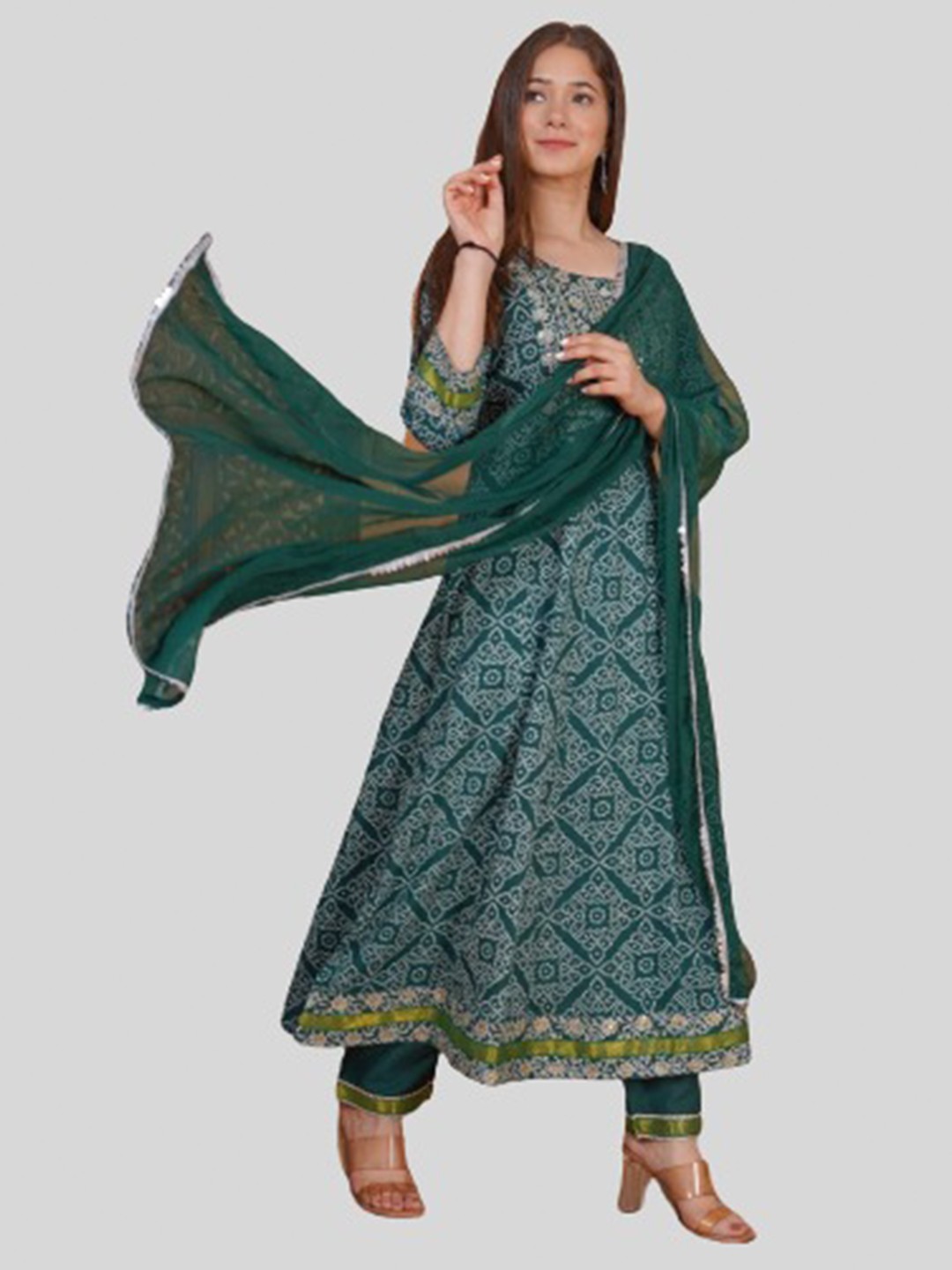 

misbis Women Green Bandhani Printed Kurta with Palazzos & With Dupatta