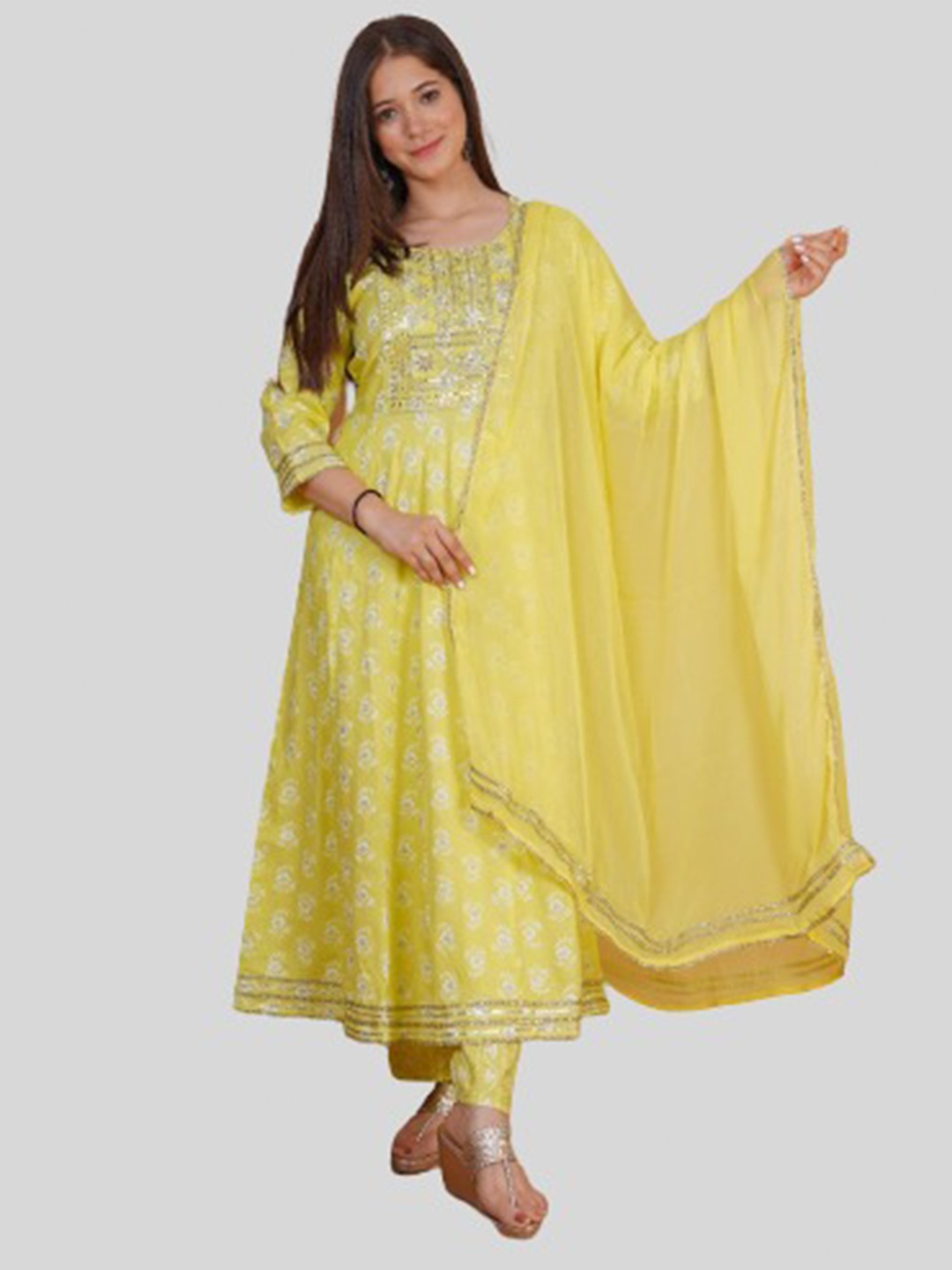 

misbis Women Yellow Ethnic Motifs Printed Kurta with Trousers & With Dupatta