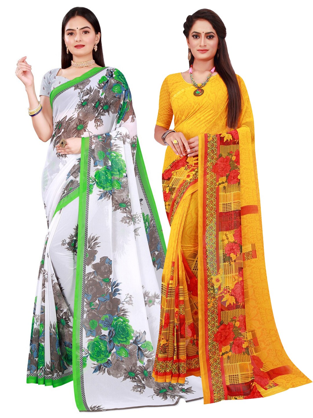 Silk Bazar Yellow & White Pack of 2 Floral Printed Pure Georgette Sarees