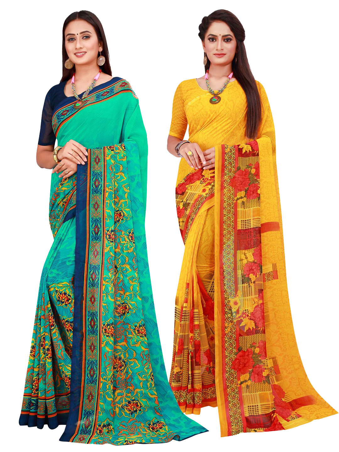 

Silk Bazar Green & Yellow Pack of 2 Floral Printed Pure Georgette Sarees