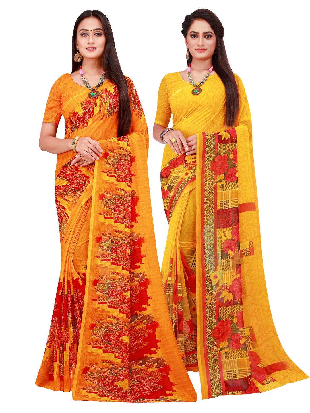 

Silk Bazar Orange & Yellow Pack of 2 Geometric Printed Pure Georgette Sarees