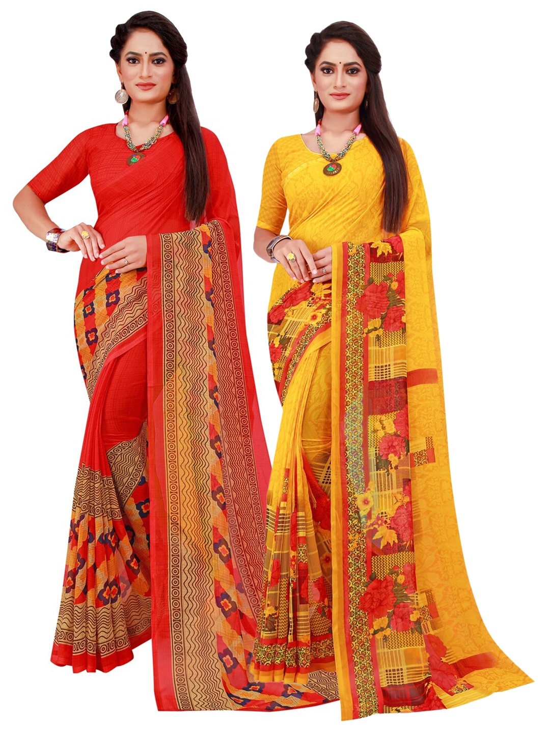 

Silk Bazar Orange & Yellow Pack of 2 Geometric Printed Pure Georgette Sarees