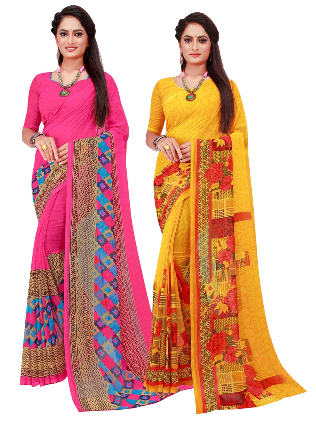 

Silk Bazar Pink & Yellow Pack of 2 Floral Printed Pure Georgette Sarees