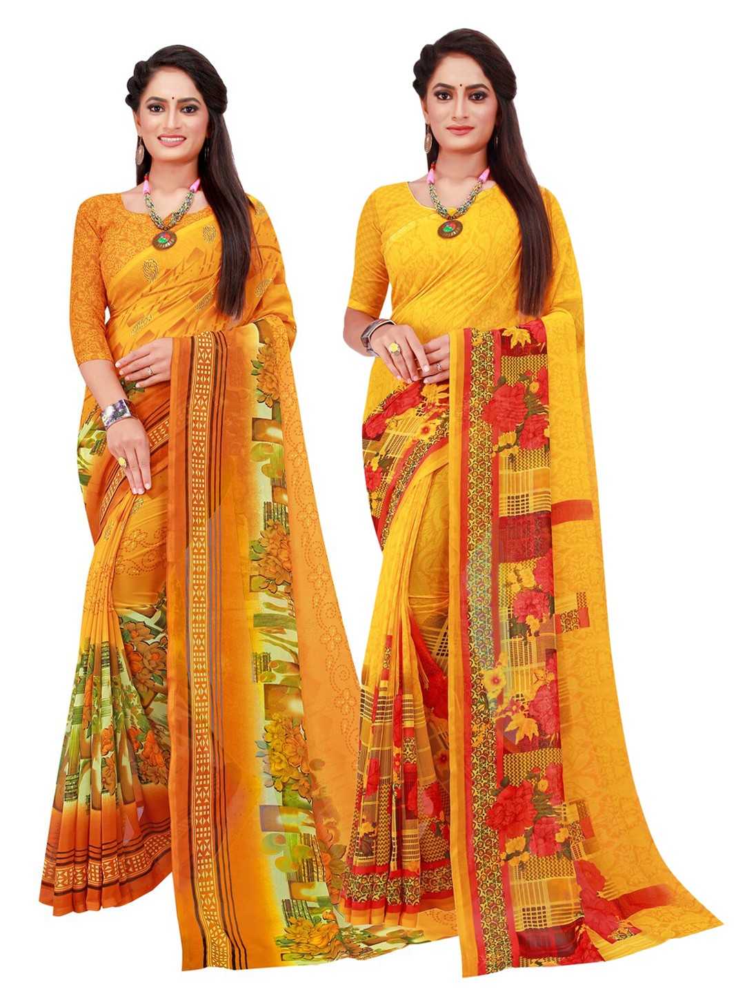 

Silk Bazar Yellow & Orange Pack of 2 Floral Printed Pure Georgette Sarees