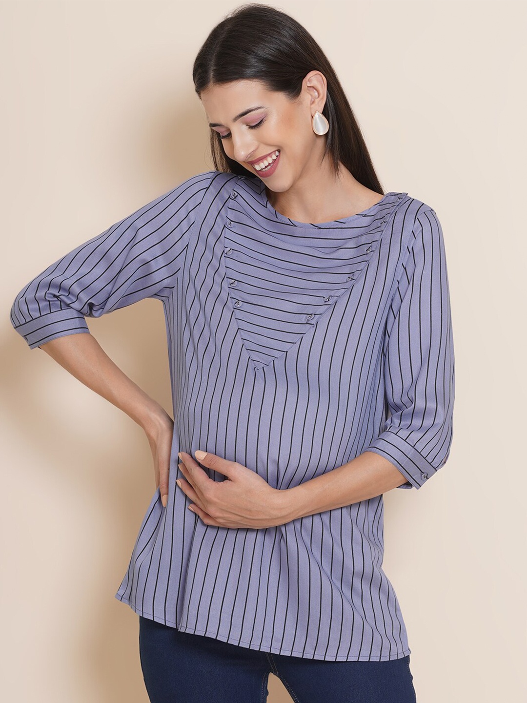 

Mine4Nine Grey Striped Regular Maternity & Nursing Top