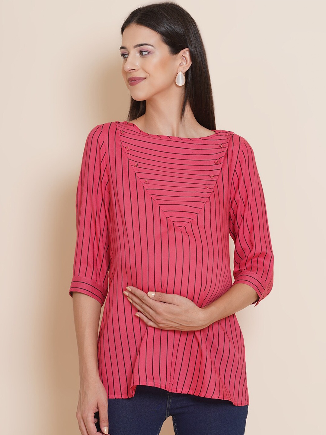 

Mine4Nine Pink Striped Regular Maternity & Nursing Top