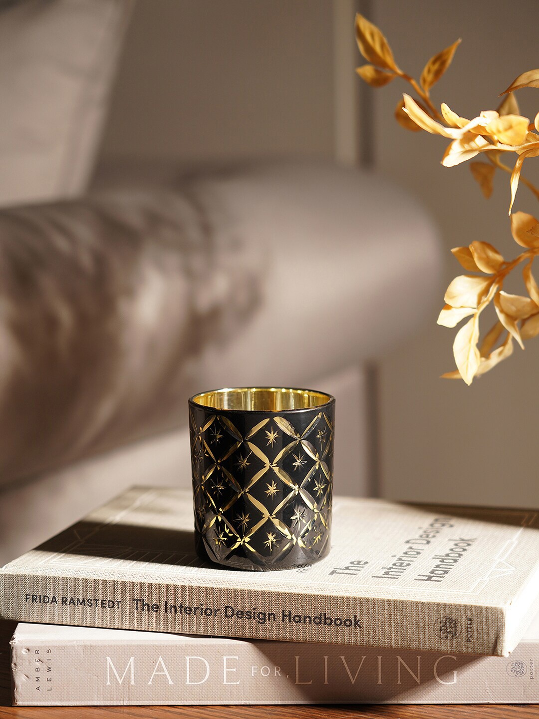 

Pure Home and Living Set Of 4 Black Printed Cutwork Glass Candle Holders