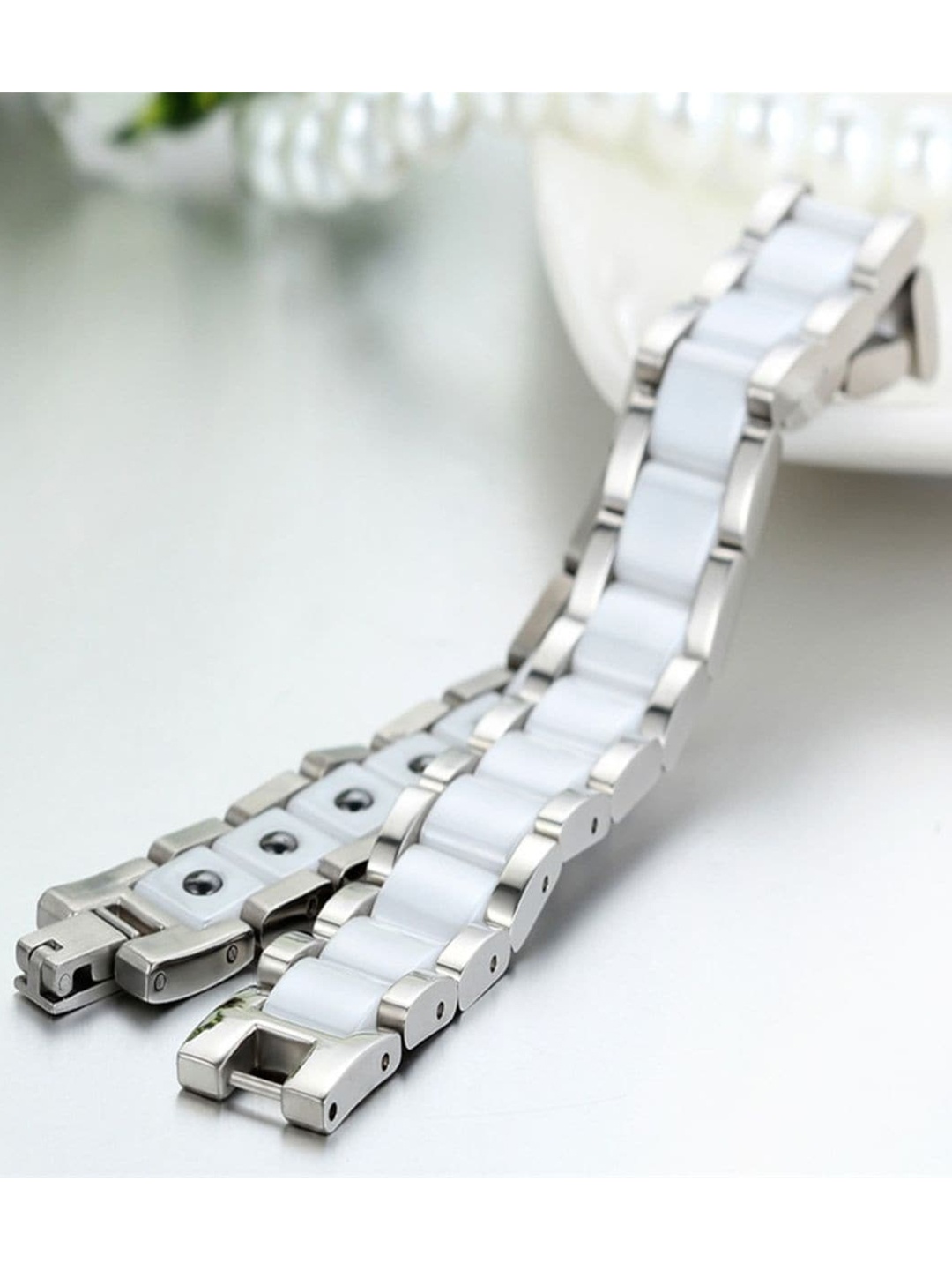 

ZIVOM Men Silver-Toned & White Silver-Plated Link Bracelet
