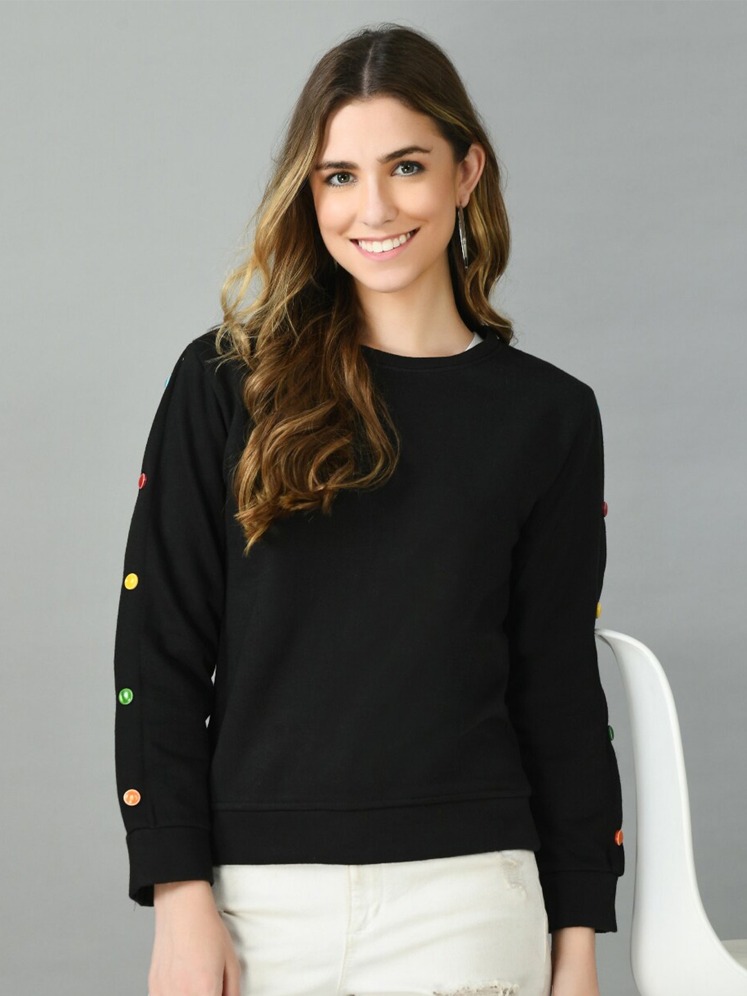 

IUGA Women Black Solid Fleece Sweatshirt