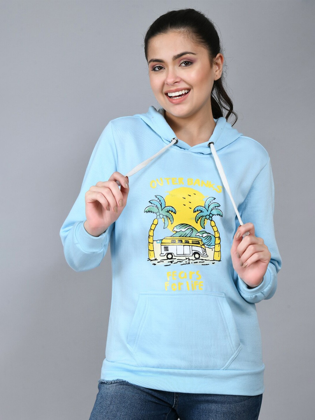 

IUGA Women Blue Printed Hooded Fleece Sweatshirt