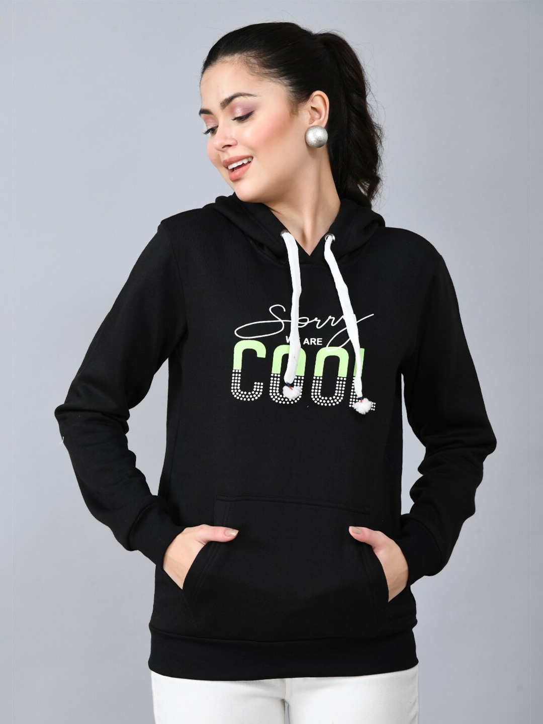 

IUGA Women Black Printed Hooded Sweatshirt