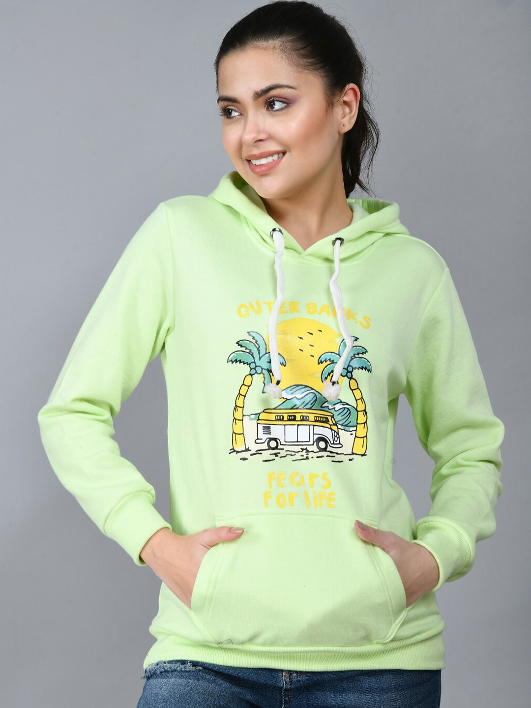 

IUGA Women Green Printed Hooded Fleece Sweatshirt