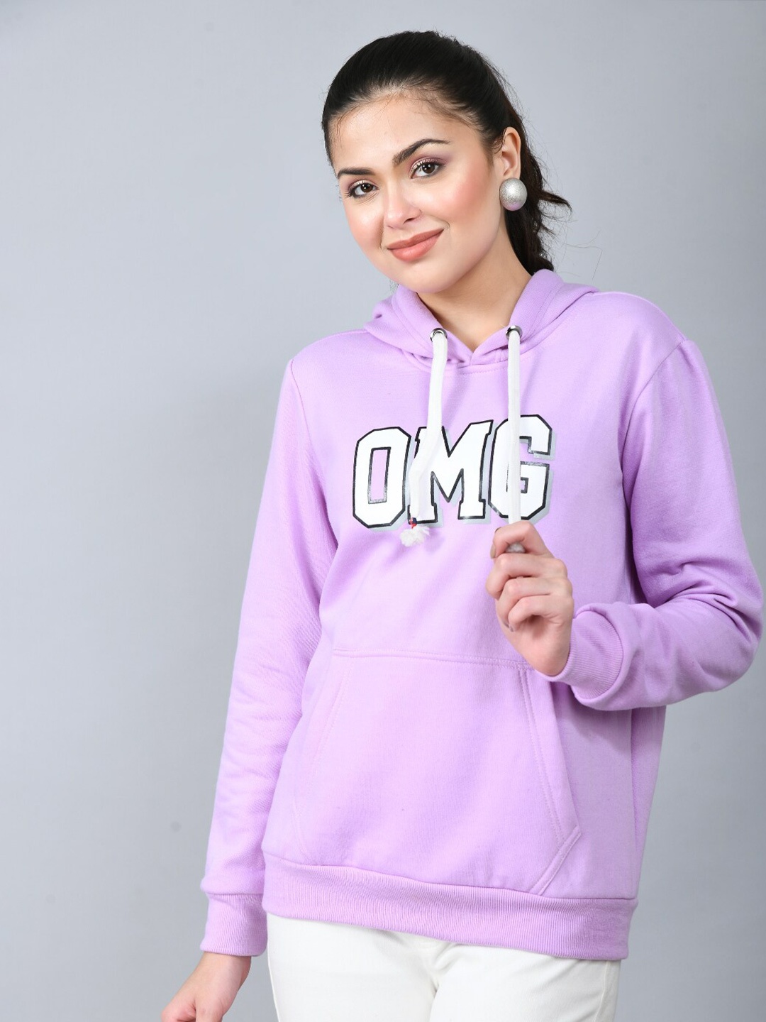 

IUGA Women Purple Printed Hooded Fleece Sweatshirt