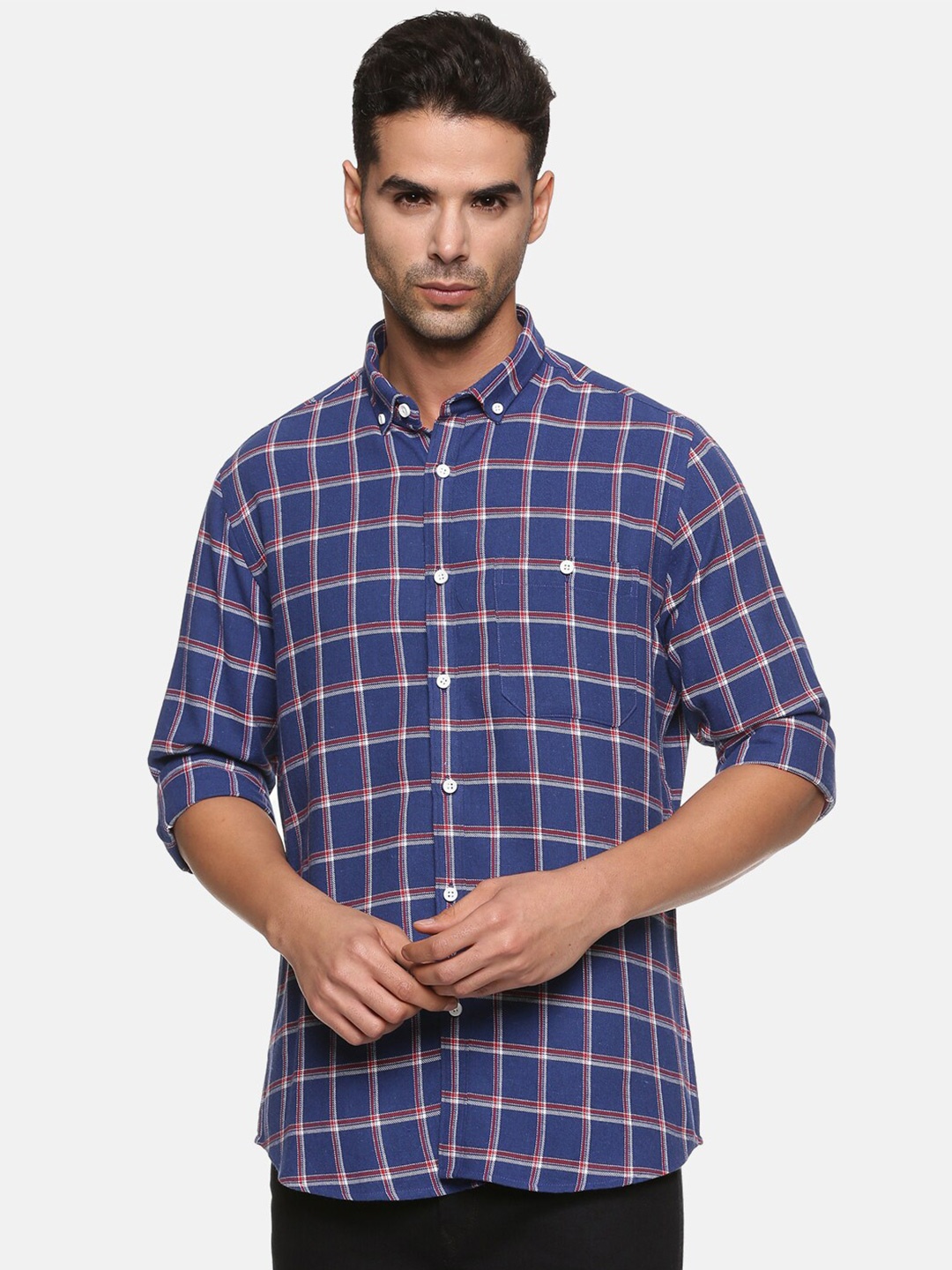 

DON VINO Men Blue Classic Regular Fit Windowpane Checked Cotton Casual Shirt