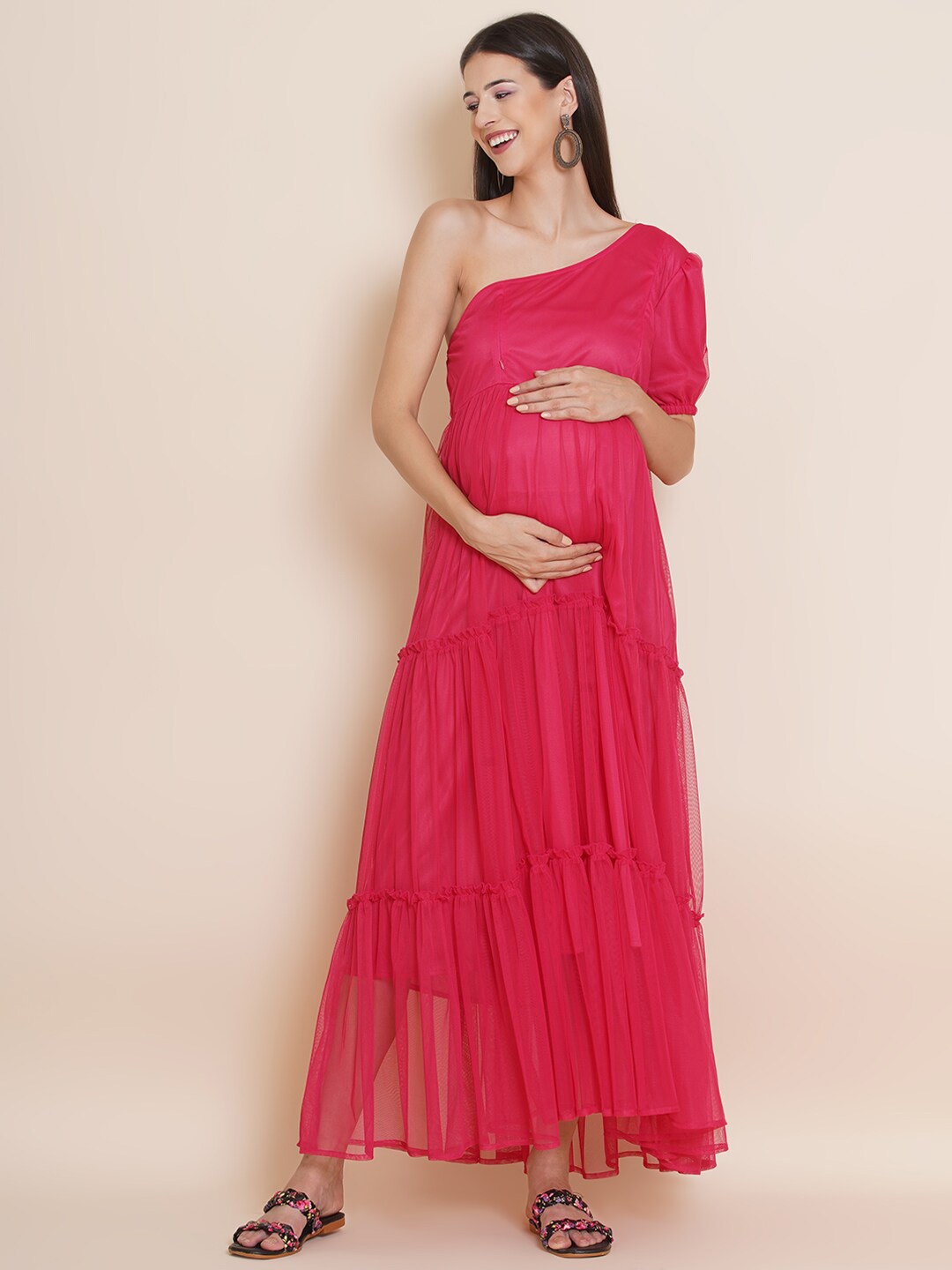 

Mine4Nine Pink One Shoulder Net Maternity Maxi Dress