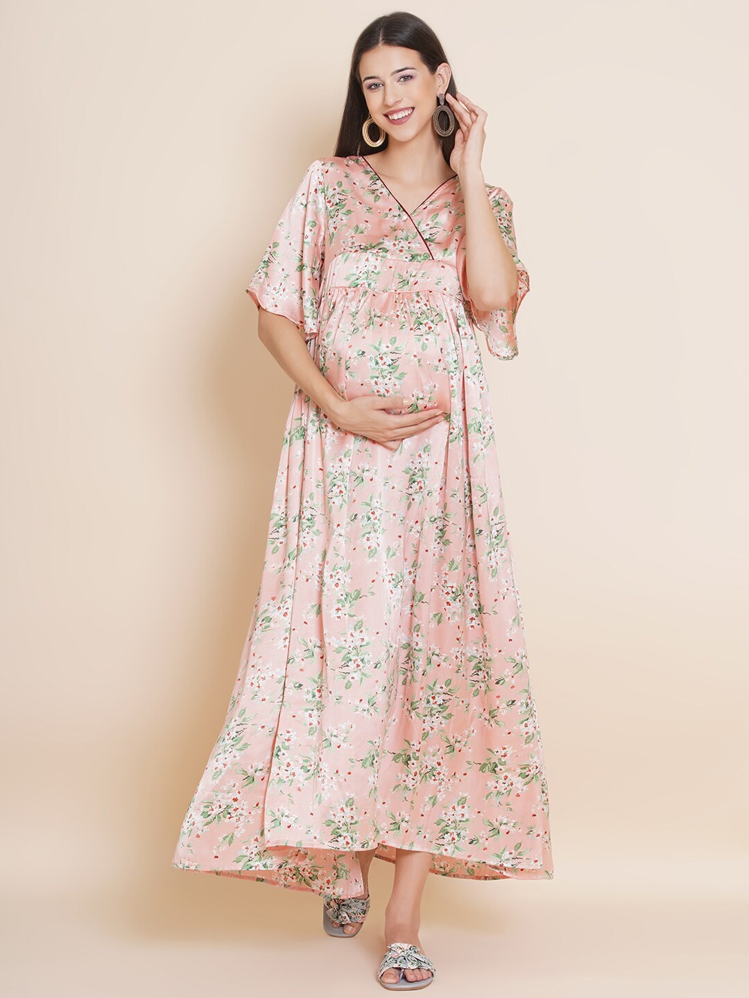 

Mine4Nine Peach Floral Printed Maternity Maxi Dress