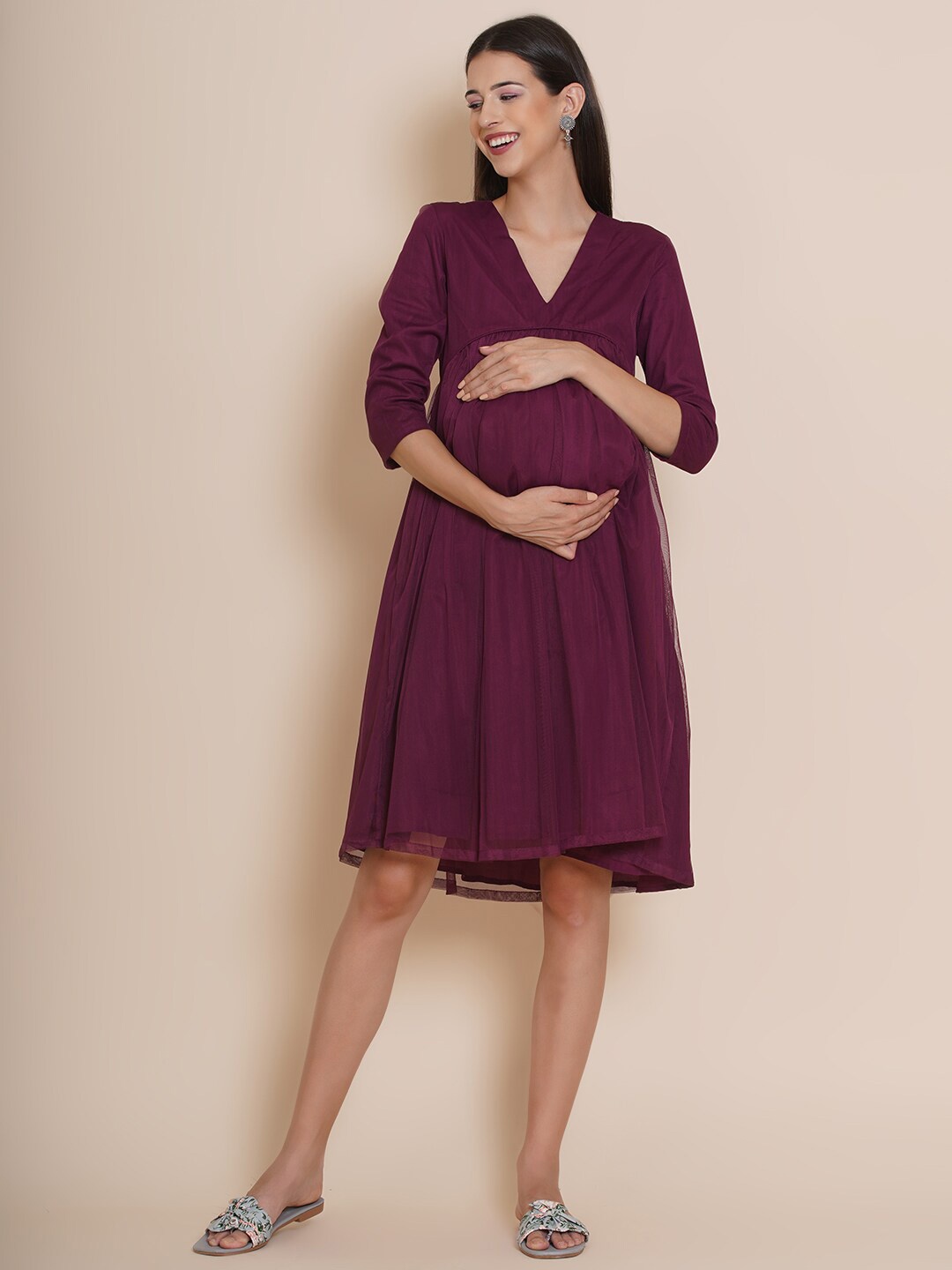 

Mine4Nine Red Net Maternity A-Line Dress