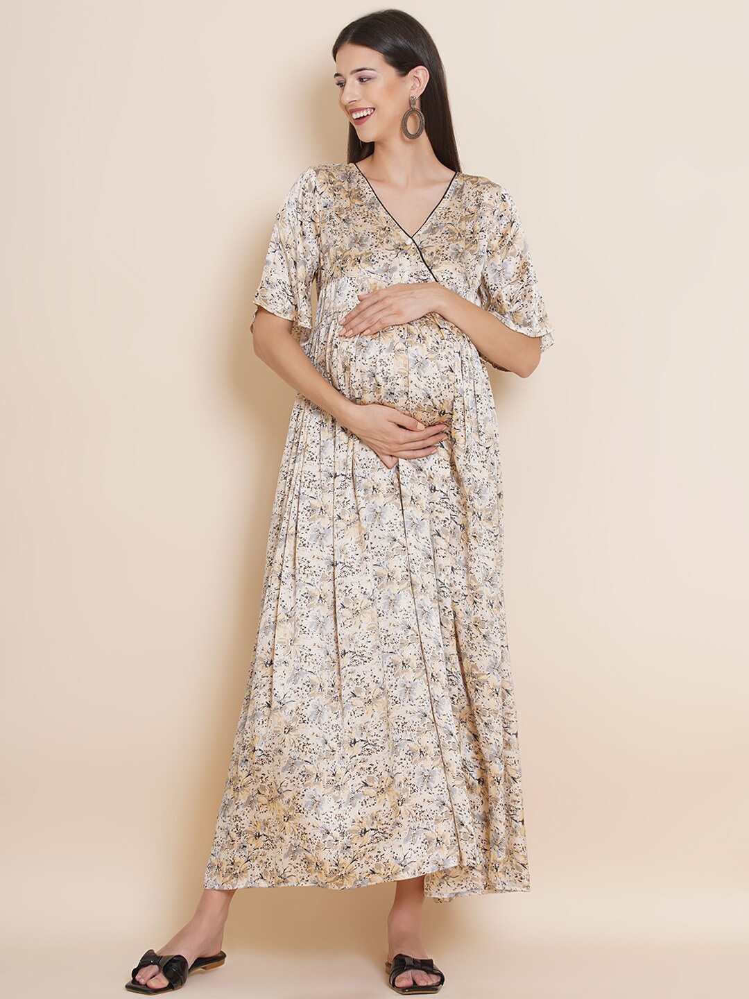 

Mine4Nine Beige Floral Printed Maternity Maxi Dress