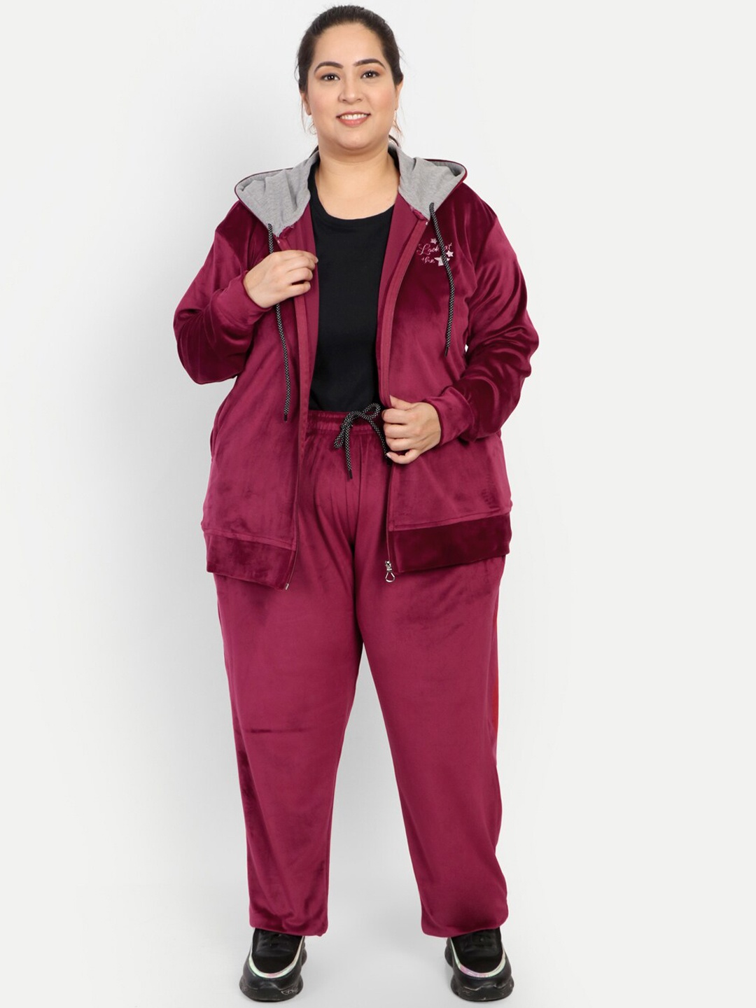 

CUPID Women Plus Size Maroon Solid Velour Hood Tracksuits