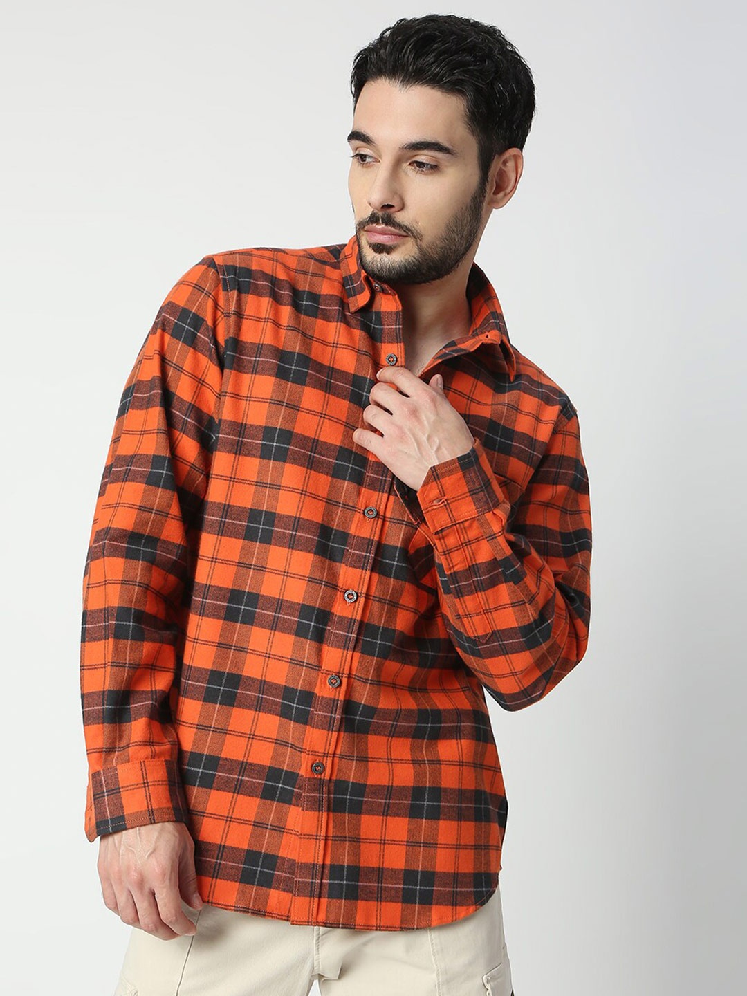 

Blamblack Men Orange Smart Tartan Checks Checked Casual Shirt