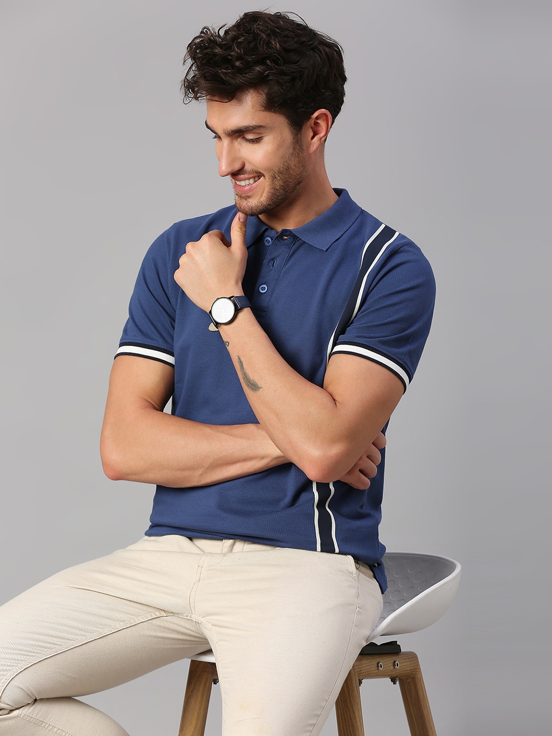 

Dennis Lingo Men Colourblocked Polo Collar Pure Cotton T-shirt, Navy blue