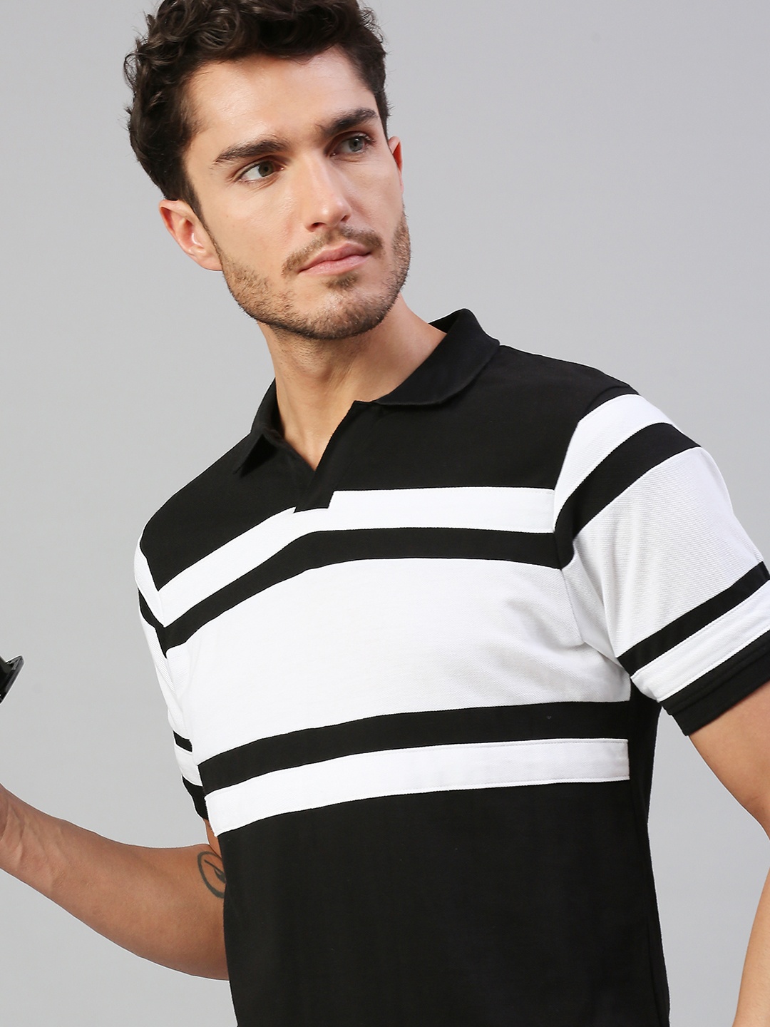 

Dennis Lingo Men Black & White Colourblocked Polo Collar Monochrome Pure Cotton T-shirt