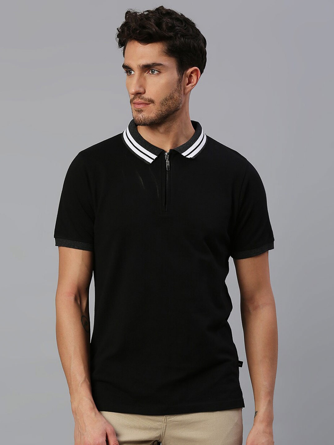 

Dennis Lingo Men Black Polo Collar Pure Cotton T-shirt
