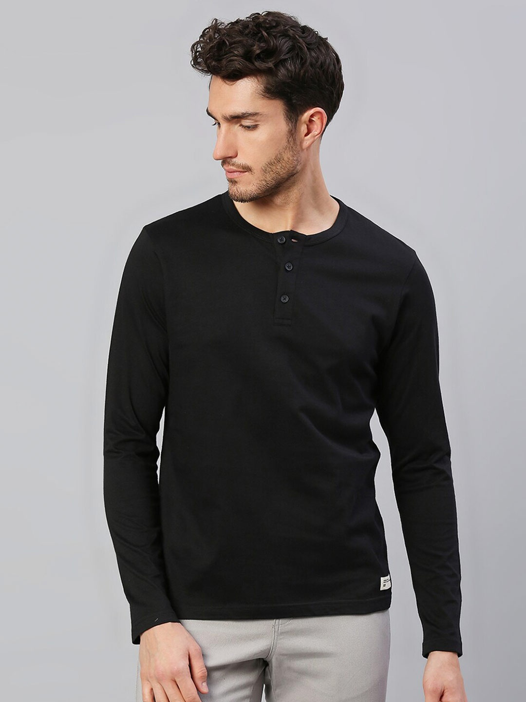 

Dennis Lingo Men Black Henley Neck Pure Cotton T-shirt