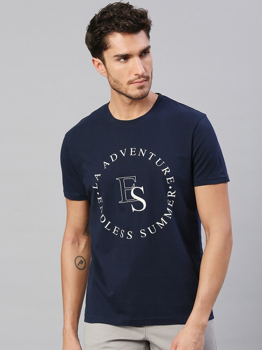 

Dennis Lingo Men Navy Blue Typography Printed Pure Cotton T-shirt