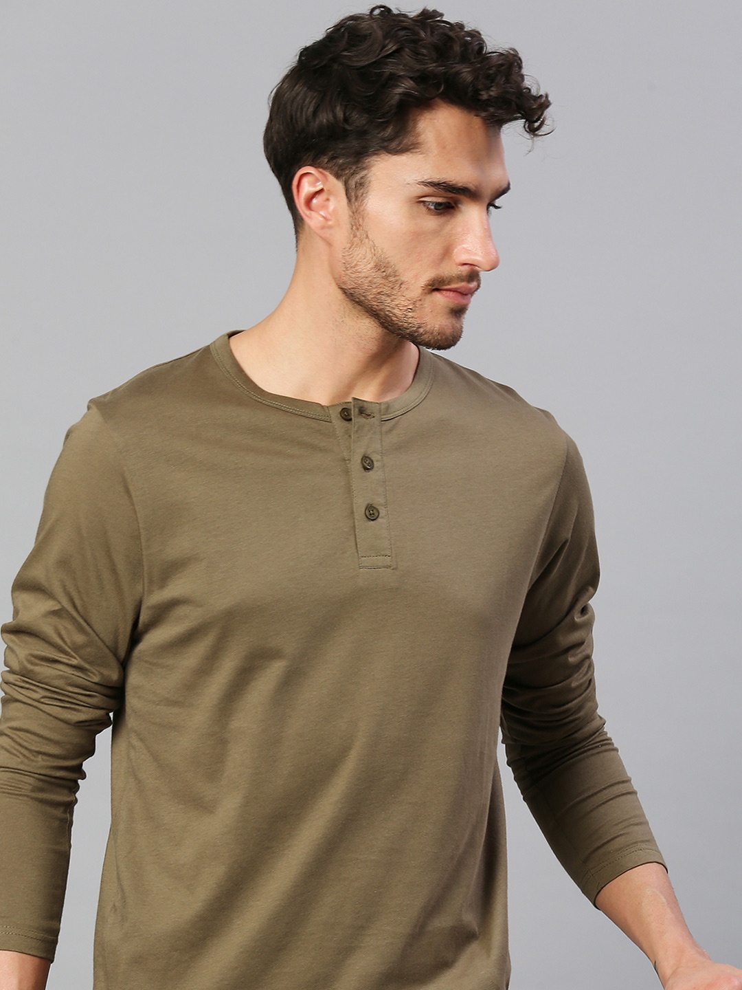 

Dennis Lingo Men Olive Green Henley Neck Pure Cotton T-shirt