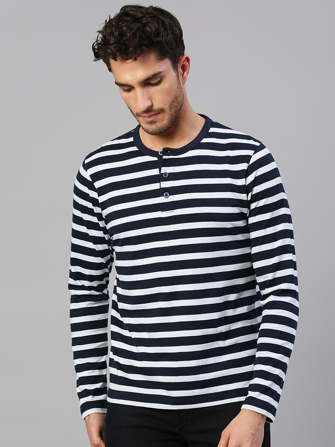 

Dennis Lingo Men Navy Blue & White Striped Henley Neck Pure Cotton T-shirt