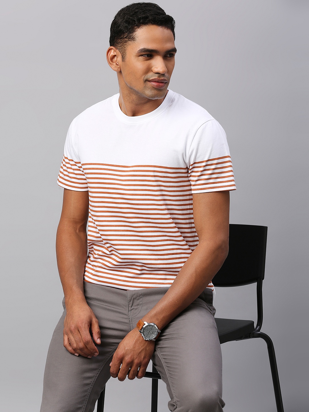 

Dennis Lingo Men Rust & White Striped Cotton T-shirt