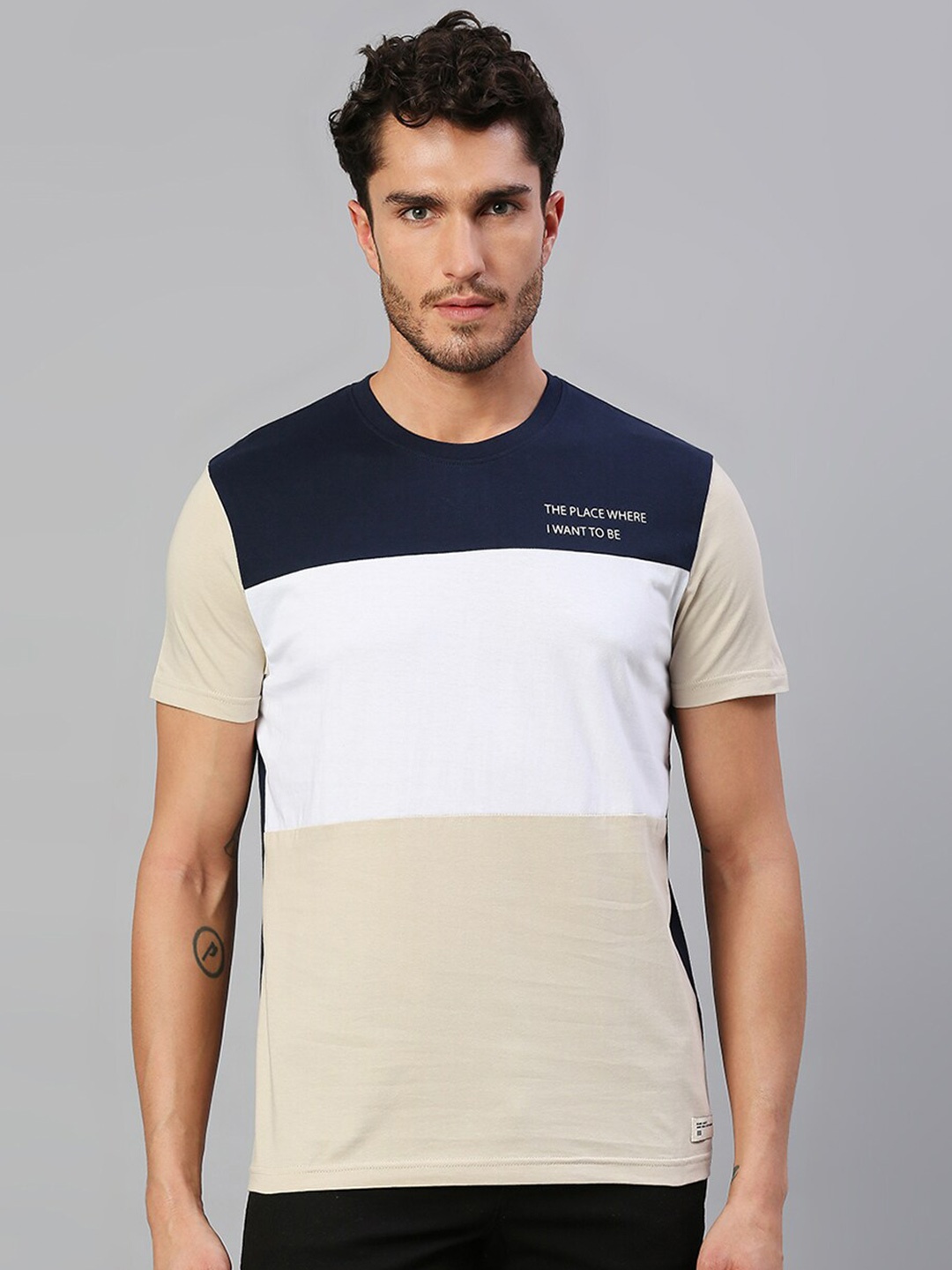 

Dennis Lingo Men Colourblocked Round Neck Cotton T-shirt, White