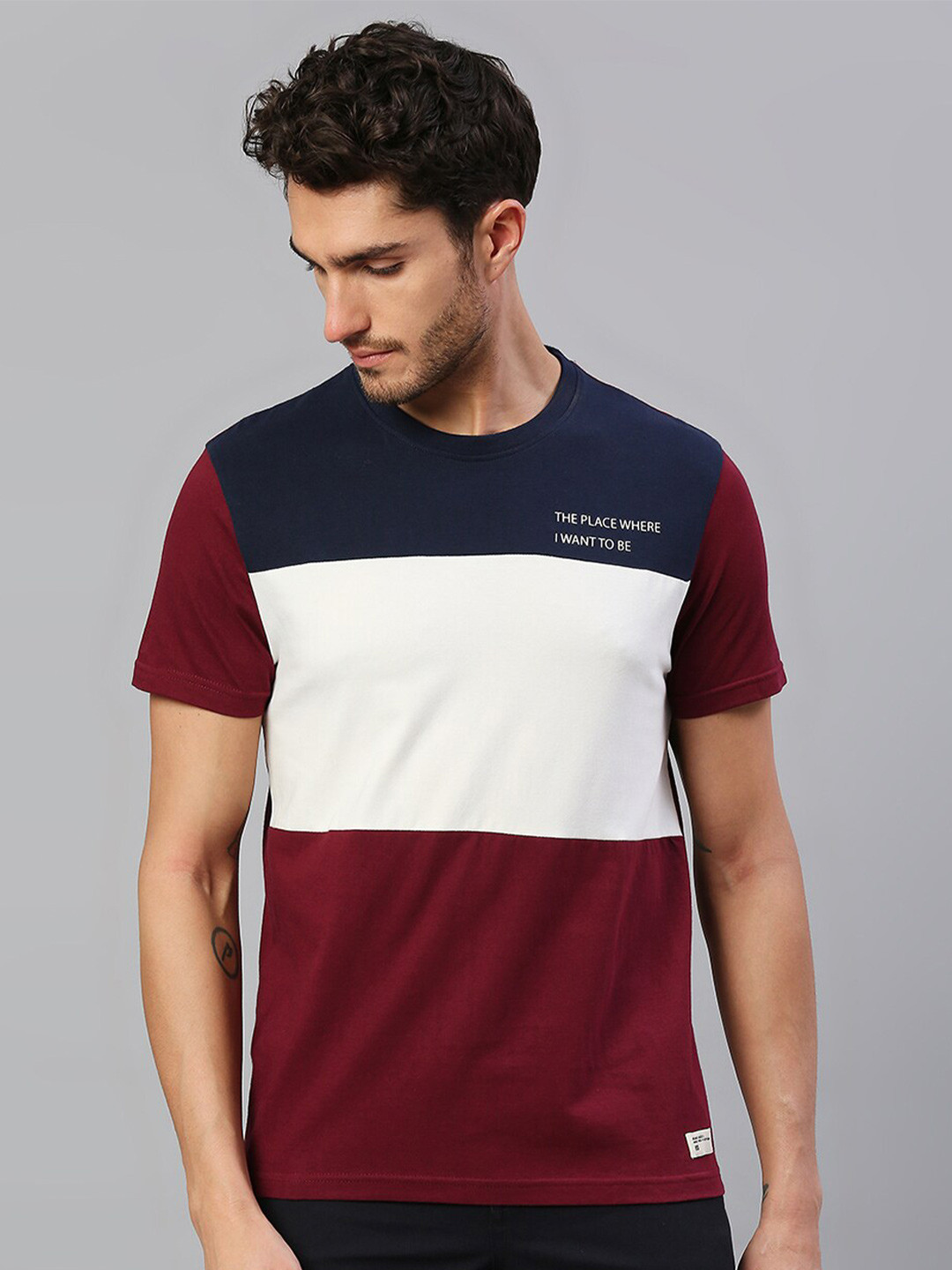 

Dennis Lingo Men Colourblocked Round Neck Cotton T-shirt, Navy blue