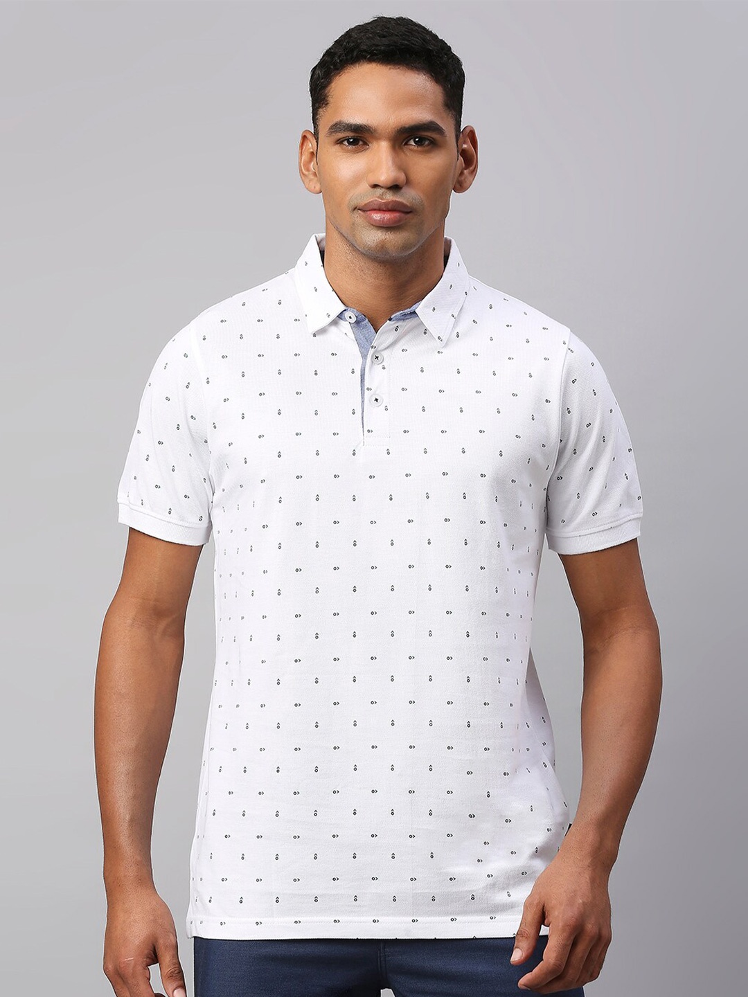 

Dennis Lingo Men White Printed Polo Collar Cotton T-shirt