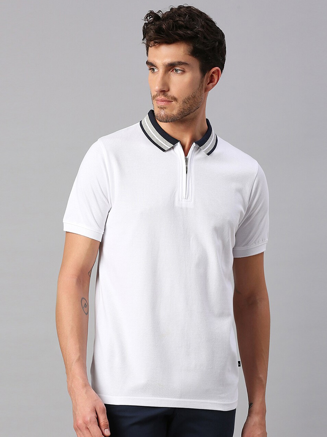 

Dennis Lingo Men White Polo Collar Cotton T-shirt