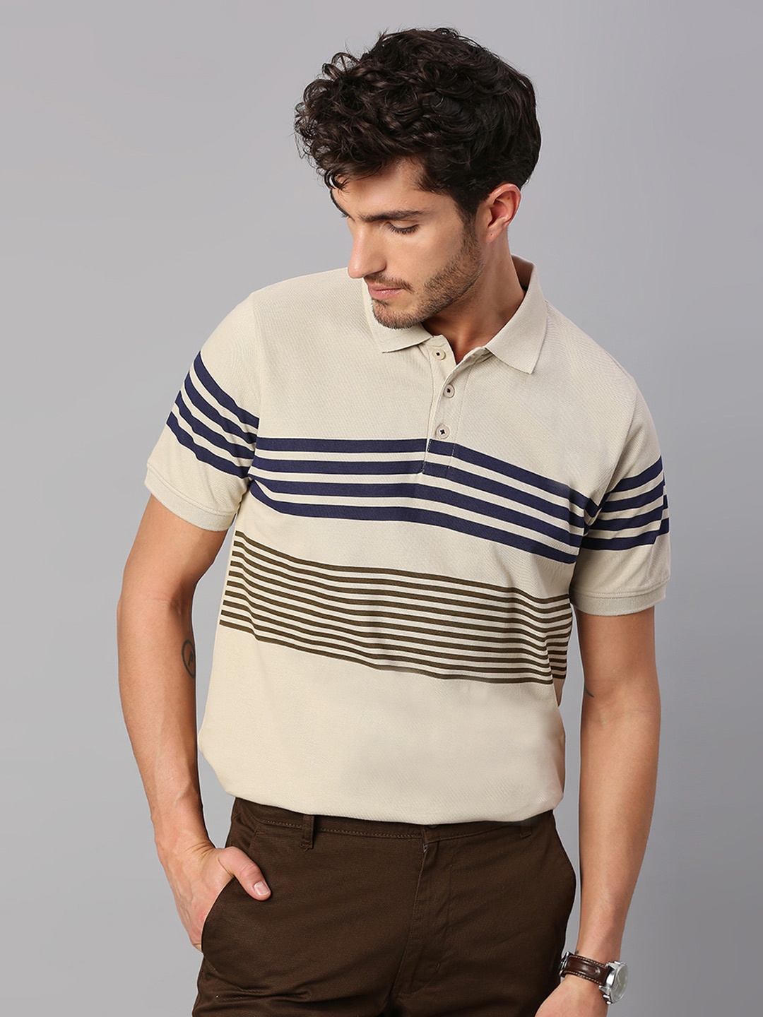 

Dennis Lingo Men Striped Polo Collar Cotton T-shirt, Beige