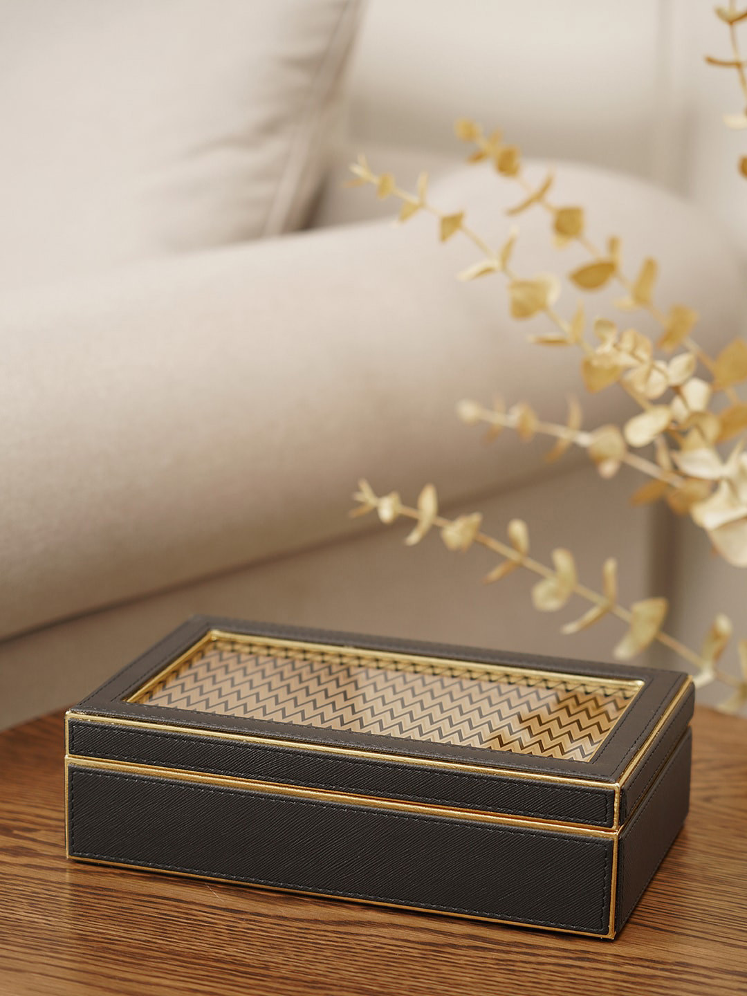 

Pure Home and Living Black & Gold-Toned Faux Leather Metal Lid Box