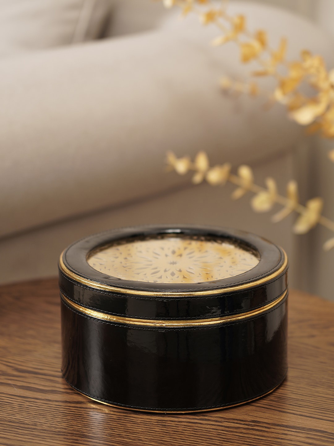 

Pure Home and Living Black & Gold Round Faux Leather Lid Box