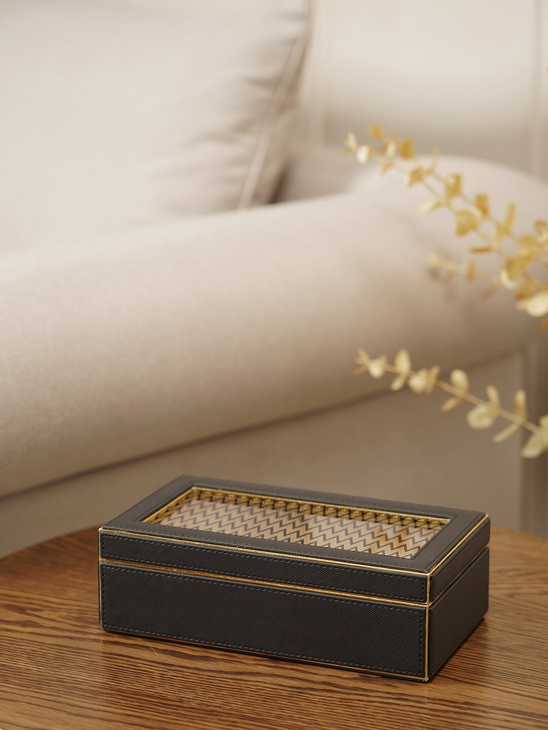 

Pure Home and Living Black & Gold-Toned Faux Leather Metal Lid Box