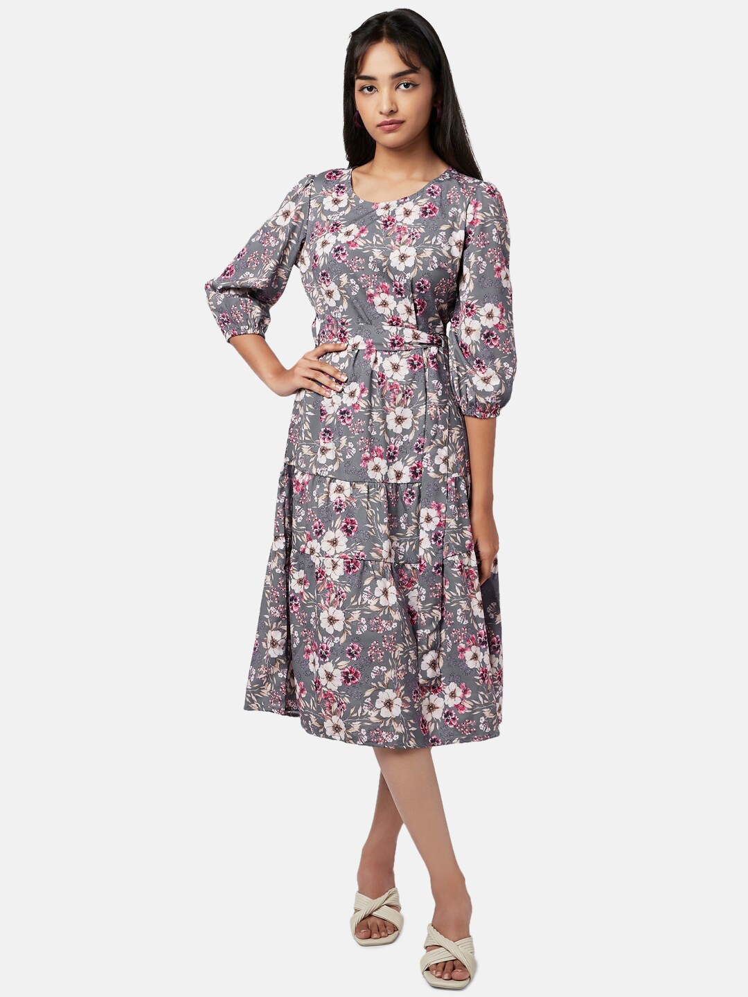 

YU by Pantaloons Floral Printed Fit and Flare Three-Quarter Sleeves Dress, Grey