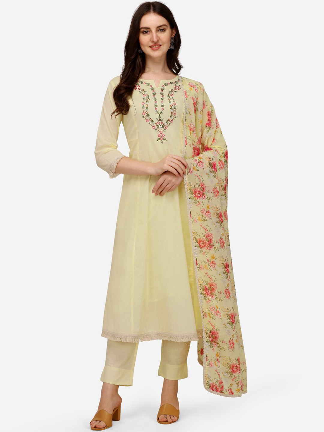 

Pure 9 Women Yellow Floral Embroidered Thread Work Pure Cotton Kurta with Trousers & With Dupatta