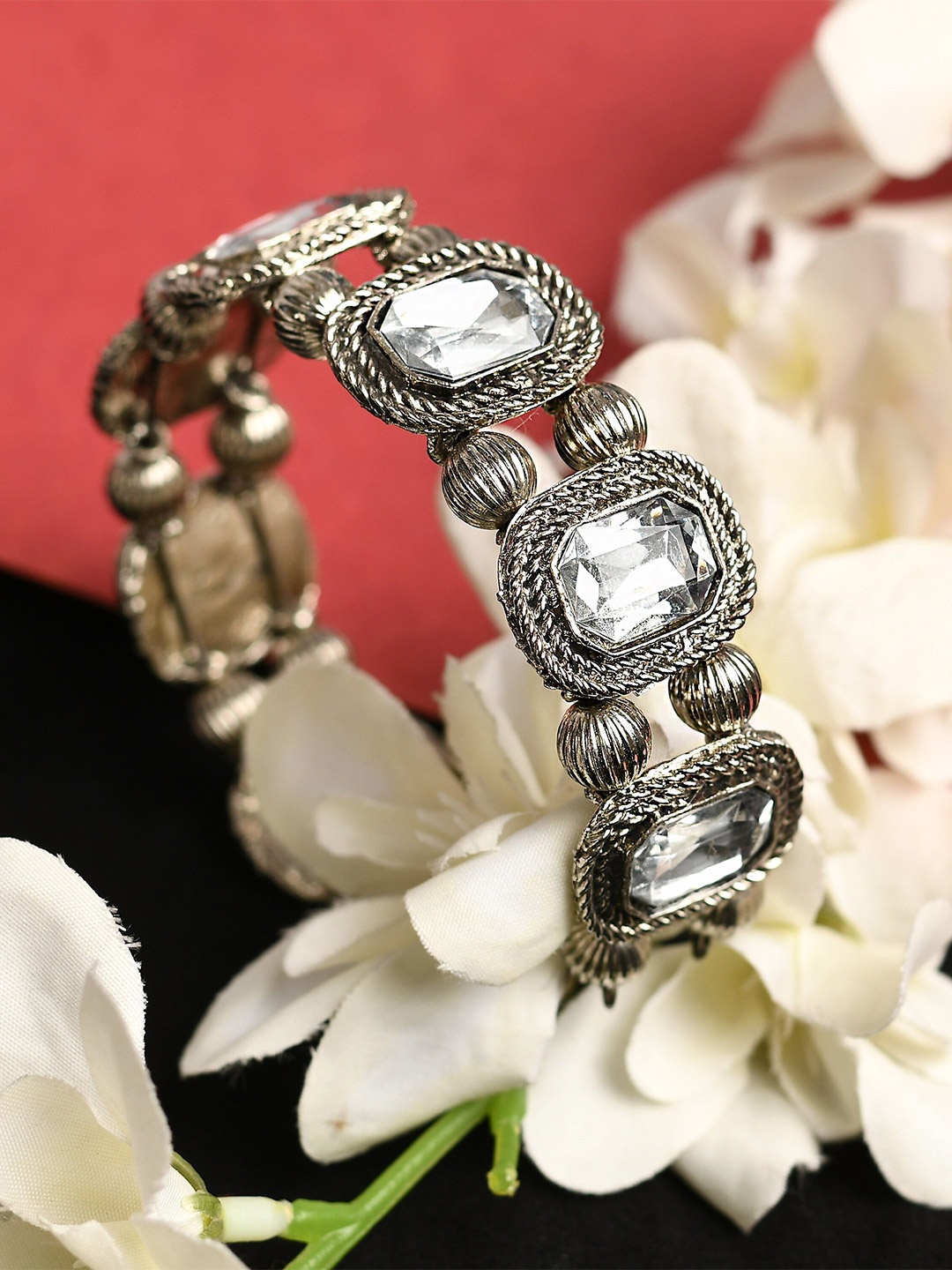 

Ratfanee Women Silver-Toned & White Oxidised Silver-Plated Cuff Bracelet